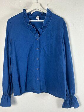 Anthropologie Amadi Women Blue Ruffle Button-Up Blouse Small Long Sleeves V-Neck